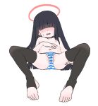  1girl bangs black_hair black_thighhighs blue_archive blunt_bangs blush feet flat_chest hair_over_breasts halo justice_committee_club_member_(blue_archive) long_hair mafadoobu navel panties simple_background spread_legs striped striped_panties thighhighs topless underwear white_background 