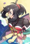  1girl abs absurdres aged_up beach black_hair bodystocking bodysuit cloud commentary english_commentary english_text grey_eyes highres juno_son muscular muscular_female pokemon pokemon_(game) pokemon_sm ponytail selene_(pokemon) sky solo tagme wetsuit 