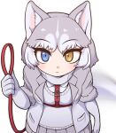  1girl :&lt; animal_ear_fluff animal_ears bangs blue_eyes closed_mouth dog_(mixed_breed)_(kemono_friends) dog_ears dog_girl dog_tail elbow_gloves eyelashes fur-trimmed_sleeves fur_trim gloves grey_gloves grey_hair grey_jacket grey_skirt grey_sweater_vest hand_up harness heterochromia holding holding_leash jacket kemono_friends kuma_(kumahoihoi) leash looking_at_viewer multicolored_clothes multicolored_hair multicolored_jacket pleated_skirt short_hair short_sleeves simple_background skirt solo straight-on sweater_vest tail tsurime two-tone_hair two-tone_jacket white_background white_hair white_jacket yellow_eyes 