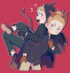  2boys animal_ears axis_powers_hetalia black_cape blocksleep blonde_hair blue_eyes cape demon_boy demon_horns demon_tail demon_wings germany_(hetalia) gilbird gloves horns male_focus multiple_boys musical_note open_mouth prussia_(hetalia) purple_eyes red_background red_eyes shoes tail tongue tongue_out wings wolf_ears 