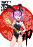 1girl 2023 alcohol animal_ears ass_visible_through_thighs bangs bare_shoulders black_leotard breasts champagne champagne_bottle chinese_zodiac detached_collar fake_animal_ears fate/grand_order fate_(series) happy_new_year helena_blavatsky_(fate) highleg highleg_leotard highres leotard looking_at_viewer matsuryuu one_eye_closed open_mouth playboy_bunny purple_eyes purple_hair rabbit_ears short_hair small_breasts smile solo wrist_cuffs year_of_the_rabbit 