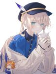 1boy aqua_eyes bangs black_headwear blonde_hair blue_hair blue_shirt blush cardigan character_doll closed_mouth coffee_cup collared_shirt commentary cup disposable_cup fate/grand_order fate_(series) fujimaru_ritsuka_(female) gradient_hair grey_hair hair_between_eyes hat hat_feather highres holding holding_cup long_hair long_sleeves looking_at_viewer male_focus multicolored_hair nemo_(fate) off_shoulder sherry_0014 shirt simple_background solo steam symbol-only_commentary twintails twitter_username white_background 