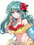  1girl adjusting_hair aqua_eyes aqua_hair bangs bare_shoulders bikini bikini_skirt bracelet breasts cleavage collarbone eirika_(fire_emblem) eirika_(summer)_(fire_emblem) fire_emblem fire_emblem:_the_sacred_stones fire_emblem_heroes flower groin hair_flower hair_ornament hand_in_own_hair hibiscus highres innertube jewelry long_hair looking_at_viewer medium_breasts nana_(nanalog76) navel necklace off-shoulder_bikini off_shoulder official_alternate_costume red_bikini simple_background smile solo swimsuit twitter_username two-tone_bikini two-tone_swimsuit upper_body white_background yellow_bikini 