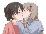  2girls black_hair blue_jacket blush closed_eyes doublep0ints french_kiss grey_hair hair_ornament hairclip hand_on_another&#039;s_neck hand_on_another&#039;s_shoulder jacket kiss kuraue_hinata multiple_girls open_mouth short_hair simple_background tongue twintails upper_body white_background yama_no_susume yukimura_aoi yuri 