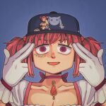  1girl bangs baseball_cap black_headwear blue_background choker dababy_(rapper) finger_gun finger_gun_to_head gloves hat kaname_madoka kyubey looking_at_viewer magical_girl mahou_shoujo_madoka_magica meme neiroval open_mouth pink_choker pink_eyes pink_hair portrait real_life short_hair short_twintails simple_background smile solo twintails white_gloves 