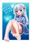  1girl absurdres bangs bare_legs barefoot blue_background blue_hair blue_kimono blunt_bangs blush border convenient_leg english_commentary fang feet fireworks floral_print full_body gawr_gura gradient gradient_background grey_hair hair_ornament highres hololive hololive_english japanese_clothes kimono knees_together_feet_apart knees_up legs long_hair looking_at_viewer malnourishd1 multicolored_hair nail_polish obi open_mouth outline sash shadow shark_print shiny shiny_skin sidelocks sitting skin_fang soles solo streaked_hair thighs toenail_polish toenails toes two_side_up virtual_youtuber white_border white_outline wide_sleeves yukata 