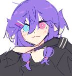  1girl :3 black_sweater blue_eyes braid bright_pupils commentary hair_behind_ear head_wings heterochromia looking_at_viewer nijisanji nijisanji_en pink_eyes portrait purple_hair selen_tatsuki sketch smile solo sweater symbol-only_commentary twin_braids virtual_youtuber white_background white_pupils yuno_(p2eocene) 