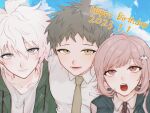  1girl 2boys :o ahoge bangs blush brown_hair cloud collarbone collared_shirt danganronpa_(series) danganronpa_2:_goodbye_despair dated flipped_hair green_jacket grey_hair hair_ornament happy_birthday highres hinata_hajime hism_25_(tsumari) hood jacket komaeda_nagito looking_at_viewer lower_teeth_only medium_hair messy_hair multiple_boys nanami_chiaki neck_ribbon necktie notice_lines open_clothes open_jacket outdoors pink_eyes ribbon shiny shiny_hair shirt smile teeth upper_teeth_only 