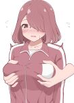  1girl 1other absurdres arms_at_sides bangs blush breast_grab breasts brown_hair collarbone commentary_request disembodied_limb dot_nose grabbing grabbing_from_behind groping hair_over_one_eye highres hoshino_miyako_(wataten) jacket large_breasts medium_hair open_mouth poa_mellhen red_eyes simple_background solo_focus sweatdrop track_jacket upper_body watashi_ni_tenshi_ga_maiorita! white_background zipper zipper_pull_tab 