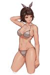  1girl arc2urus arm_behind_head bangs bikini breasts brown_eyes brown_hair cleavage closed_mouth dark-skinned_female dark_skin grey_bikini headband josie_rizal navel short_hair simple_background sketch smile solo swimsuit tekken tekken_7 white_background 