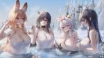  4girls ahoge animal animal_ear_fluff animal_ears bangs bare_arms bare_shoulders black_choker black_hair blonde_hair blue_eyes blue_hair blush breasts brown_eyes choker cleavage closed_mouth collarbone crossed_bangs hair_over_one_eye highres holding in_water large_breasts long_hair multicolored_hair multiple_girls naked_towel one_eye_covered onsen original outdoors partially_submerged pink_eyes sharp_teeth shiro_albino smile snow teeth towel tree two-tone_hair wet white_hair 