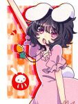  1girl animal_ears arm_up black_hair border carrot_necklace chestnut_mouth chinese_zodiac commentary_request daruma_doll dress drop_shadow frilled_dress frilled_sleeves frills hair_between_eyes inaba_tewi jewelry looking_at_viewer necklace no_nose open_mouth pink_dress rabbit_ears rabbit_tail red_eyes short_hair short_sleeves solo tail teeth touhou tsugomori_(remilia0398) upper_teeth_only white_border year_of_the_rabbit 