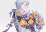  1boy armor bangs blue_hair bouquet collared_jacket dated genshin_impact gold_trim happy_birthday holding holding_bouquet jacket kamisato_ayato looking_to_the_side male_focus open_mouth shoulder_armor simple_background smile solo tassel to_e upper_body white_background white_jacket 