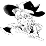  1girl axe bow braid closed_eyes english_commentary frilled_hat frills giantcavemushroom greyscale hair_bow hat hat_bow high_contrast highres holding holding_axe kirisame_marisa long_hair monochrome side_braid simple_background single_braid smile solo touhou upper_body witch_hat 