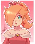  1girl bare_shoulders blonde_hair blue_eyes blush brooch crown dress earrings fire_rosalina hair_over_one_eye highres jewelry looking_at_viewer mario_(series) nonoworks off-shoulder_dress off_shoulder open_mouth outline ponytail red_background red_dress rosalina signature solo star_(symbol) star_earrings super_mario_3d_world upper_body white_outline 
