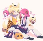  2girls :d animal_ears bangs bat_(animal) black_skirt black_socks blonde_hair blush bug chibi chibi_inset english_commentary fang fox_ears fox_girl fox_tail ghost highres horns jack-o&#039;-lantern jacket leg_warmers looking_at_viewer love_live! love_live!_nijigasaki_high_school_idol_club miyashita_ai multiple_girls off_shoulder open_mouth orange_eyes orange_jacket orange_tank_top pink_hair plaid plaid_jacket ponytail shirt short_hair sitting sitting_on_lap sitting_on_person skirt skull smile socks spider suspender_skirt suspenders tail tank_top tennouji_rina white_shirt yellow_tank_top yuno_(p2eocene) 