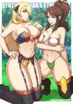  2girls arm_support arm_under_breasts bikini blonde_hair blue_eyes boots breast_hold breast_press breasts brown_hair crotch_plate cynthia_(pokemon) english_text forest garchomp grass grey_eyes hilda_(pokemon) knee_boots large_breasts lingerie looking_at_another medium_hair meme multicolored_clothes multiple_girls nature on_grass open_mouth oshawott pokemon pokemon_(game) pokemon_bw pokemon_dppt ponytail redjet shiny shiny_skin smile snivy swimsuit tepig themed_object tree twitter_strip_game_(meme) underwear web_address 