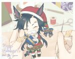  1other ^_^ air_shakur_(umamusume) animal_ears artist_name bandaid bandaid_on_hand bangs black_hair blurry blurry_background box character_doll closed_eyes dated ears_through_headwear eyebrow_piercing fake_facial_hair fake_mustache feet_out_of_frame gift gift_box happy_holidays holding holding_needle horse_ears horse_girl horse_tail jemma_(mashirahoshi) needle pencil piercing pov pov_hands santa_costume scissors spool tail umamusume 