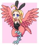  1girl ahoge akai_(ugokashitari) animal_ears bird_legs bird_tail black_leotard blonde_hair blue_eyes blush commentary_request fake_animal_ears feathered_wings feathers hair_intakes harpy harpy_(akai) leotard long_hair monster_girl open_mouth original rabbit_ears red_feathers red_wings sidelocks solo tail tail_feathers talons winged_arms wings 