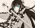  1girl 42shirane bangs birthday black_hair commentary_request floral_print hair_ornament hair_ribbon half_updo highres holding holding_sword holding_weapon japanese_clothes katana kimono kurosawa_dia long_hair love_live! love_live!_sunshine!! monochrome perfect_sekai ribbon sidelocks spot_color sword upper_body weapon 