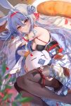  1girl animal_ear_fluff animal_ears bangs blue_hair blurry blurry_foreground breasts cleavage closed_mouth creature extra_ears feet_out_of_frame hair_between_eyes hair_bun hair_spread_out highres hololive legs long_hair looking_at_viewer lying medium_breasts nousagi_(usada_pekora) on_side orange_eyes pantyhose plant rabbit_ears shoulder_tattoo shuri_(84k) smile solo tattoo thick_eyebrows twitter_username usada_pekora very_long_hair virtual_youtuber 