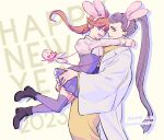  2girls ace_attorney alternate_costume animal_ears ascot athena_cykes bag boots chinese_zodiac closed_mouth dated dress fake_animal_ears hair_ornament happy_new_year hug japanese_clothes juliet_sleeves kimono long_hair long_sleeves metis_cykes mother_and_daughter multiple_girls nekowosuu open_mouth phoenix_wright:_ace_attorney_-_dual_destinies ponytail puffy_sleeves purple_eyes purple_hair rabbit_ears skirt smile very_long_hair white_ascot year_of_the_rabbit 