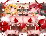  2girls absurdres antlers asymmetrical_docking bare_shoulders bell bikini black_panties blonde_hair blue_eyes breast_press breasts chimney choker christmas christmas_ornaments christmas_tree cleavage closed_mouth collarbone contrapposto covered_navel covered_nipples cowboy_shot curvy detached_sleeves dress fake_antlers from_side fur_trim garter_belt garter_straps hair_ornament hand_on_hip hat heart heterochromia highres hololive hololive_english honeymelon houshou_marine lace_trim large_breasts looking_at_viewer medium_hair micro_bikini microskirt monocle_hair_ornament multiple_girls neck_bell one_breast_out outside_border panties puckered_lips red_eyes red_hair santa_costume santa_hat short_dress skirt sleeves_past_wrists strap_pull swimsuit thighhighs twintails underwear virtual_youtuber watson_amelia 