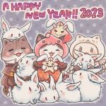  &gt;_&lt; 1boy 2023 2girls :3 =_= animal animal_ears blush brown_capelet brown_coat brown_pants capelet cat_boy cat_girl chibi chinese_zodiac closed_eyes closed_mouth coat commentary_request full_body furry furry_female furry_male happy_new_year holding holding_animal hood looking_at_viewer multiple_girls nyamen2828 open_mouth pants pink_hair poring rabbit rabbit_ears ragnarok_online red_eruma smile starfish summoner_(ragnarok_online) year_of_the_rabbit 