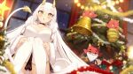  1girl :o black_choker blurry blurry_background breasts choker christmas christmas_tree cleavage cluseller dutch_angle earrings food-themed_hair_ornament hair_ornament highres horns indie_virtual_youtuber jewelry large_breasts long_hair looking_at_viewer oni oni_horns onigiri_(vtuber) onigiri_hair_ornament panties snowflake_earrings squatting tail underwear virtual_youtuber white_hair white_panties yellow_eyes yellow_horns yellow_tail 