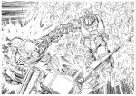  cracked_glass damaged dougram explosion get_truth:_taiyou_no_kiba_dougram greyscale gun highres holding holding_gun holding_weapon mecha missing_limb monochrome no_humans ohtagaki_yasuo punching robot science_fiction soltic_h8_roundfacer taiyou_no_kiba_dougram weapon 