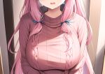  1girl ai-generated blush bocchi_the_rock! breasts commentary crackgear english_commentary gotou_hitori head_out_of_frame large_breasts long_hair long_sleeves looking_at_viewer low_twintails open_mouth pink_hair pink_theme ribbed_sweater simple_background smile solo sweat sweater twintails upper_body winter 