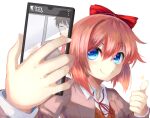  1boy 1girl :| =_= blue_eyes bow brown_hair cellphone closed_mouth commentary doki_doki_literature_club english_commentary grey_jacket hair_bow jacket long_sleeves neck_ribbon open_clothes open_jacket phone pink_hair protagonist_(doki_doki_literature_club) red_bow red_ribbon ribbon sayori_(doki_doki_literature_club) school_uniform shirt short_hair single_bare_shoulder smartphone smile solo_focus sweatdrop taking_picture takuyarawr thumbs_up white_background white_shirt wing_collar you&#039;re_doing_it_wrong 