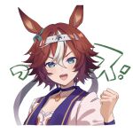  1girl animal_ears bamboo_memory_(umamusume) bangs blush brown_hair choker clenched_hand green_eyes hair_between_eyes hand_up headband highres horse_ears jacket looking_at_viewer open_mouth qing_(sankakuosushi) short_hair solo starting_future_(umamusume) teeth umamusume upper_body upper_teeth_only white_jacket 