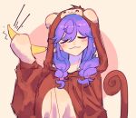  1girl :3 animal_costume animal_hood banana_phone bangs blush braid brown_hoodie closed_eyes english_commentary hood hood_up hoodie medium_hair monkey_costume monkey_hood monkey_tail nijisanji nijisanji_en onesie pointy_ears portrait purple_hair selen_tatsuki smile solo tail twin_braids virtual_youtuber yuno_(p2eocene) 