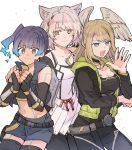  3girls :d bare_shoulders black_bodysuit black_gloves black_jacket black_shorts black_thighhighs black_vest blue_eyes blue_hair blush bodysuit breasts brown_eyes brown_hair cleavage closed_mouth collarbone commentary crop_top dress eunie_(xenoblade) feathered_wings fingerless_gloves gloves gradient_hair grey_hair grey_wings hands_up head_wings hood hood_down hooded_jacket jacket medium_breasts mio_(xenoblade) multicolored_hair multiple_girls navel open_clothes open_jacket own_hands_together pleated_dress purple_hair sena_(xenoblade) short_shorts shorts side_ponytail simple_background smile sudachips teeth thighhighs upper_teeth_only vest white_background white_dress wings xenoblade_chronicles_(series) xenoblade_chronicles_3 