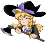  1girl axe black_headwear blonde_hair bow braid closed_eyes english_commentary frilled_hat frills giantcavemushroom hair_bow hat hat_bow highres holding holding_axe kirisame_marisa long_hair purple_bow side_braid simple_background single_braid smile solo touhou upper_body white_background witch_hat 