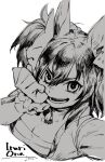  1girl animal_ears bangs breasts character_name chest_sarashi cleavage clenched_hand fox_mask from_above greyscale horse_ears inari_one_(umamusume) jemma_(mashirahoshi) large_breasts looking_at_viewer looking_up mask mask_on_head medium_hair monochrome open_mouth sarashi scrunchie signature smile solo twintails umamusume v-shaped_eyebrows wrist_scrunchie 