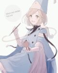  1girl :d blonde_hair brushbug calligraphy_brush coco_(tongari_boushi_no_atelier) copyright_name dress hat highres holding holding_brush kumagai_yuka long_sleeves open_mouth paintbrush qifrey&#039;s_atelier_apprentice_uniform short_hair simple_background smile solo standing tongari_boushi_no_atelier white_background 