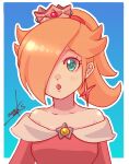  1girl bare_shoulders blonde_hair blue_background blue_eyes blush brooch crown dress earrings fire_rosalina hair_over_one_eye highres jewelry looking_at_viewer mario_(series) nonoworks off-shoulder_dress off_shoulder open_mouth outline ponytail red_dress rosalina signature solo star_(symbol) star_earrings super_mario_3d_world upper_body white_outline 