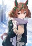  1girl absurdres animal_ears bangs black_coat blurry blurry_background blush breath brown_eyes brown_hair brown_sweater coat cold commentary_request ear_covers eyelashes gloves green_ribbon hair_between_eyes hair_ribbon hand_up highres horse_ears horse_girl horse_tail light_rays light_smile long_sleeves looking_at_viewer medium_hair multicolored_hair nice_nature_(umamusume) open_clothes open_coat open_mouth outdoors outstretched_hand ribbon scarf shadow shino_sto sidelocks smile solo standing streaked_hair sunlight sweater tail twintails umamusume white_gloves white_scarf 