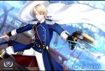  1boy ashley_ridibundus belt black_footwear blonde_hair blurry blurry_background boots cape cloud copyright_name cross-laced_footwear day dual_wielding dutch_angle earrings epaulettes flug gun highres holding holding_gun holding_sword holding_weapon jewelry knee_boots magic male_focus outdoors pixiv_fantasia pixiv_fantasia_age_of_starlight sheath ship&#039;s_wheel standing sword uniform weapon white_cape 