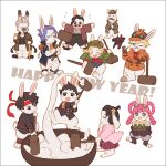  3girls 6+boys ace_attorney animal_ears animalization bangs barok_van_zieks black_eyes black_hair black_jacket blonde_hair chibi chinese_zodiac closed_eyes closed_mouth dog food gina_lestrade gloves happy_new_year headband herlock_sholmes holding holding_smoking_pipe holding_tray iris_wilson jacket japanese_clothes kazuma_asogi kimono kine long_hair long_sleeves mael_stronghart mallet mochi mowang_crow multiple_boys multiple_girls no_humans one_eye_closed open_mouth pink_hair rabbit rabbit_ears red_headband running ryunosuke_naruhodo short_hair smile smoking_pipe soseki_natsume susato_mikotoba tail the_great_ace_attorney tobias_gregson toby_(ace_attorney) tray twintails white_rabbit_(animal) year_of_the_rabbit 