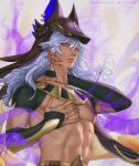  1boy abs arm_guards artist_name aura bangs blue_hair cyno_(genshin_impact) dark-skinned_male dark_aura dark_skin egyptian_clothes genshin_impact highres long_hair looking_at_viewer male_focus mink_royach muscular muscular_male red_eyes solo upper_body 