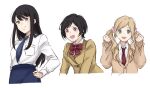  3girls aldnoah.zero amifumi_inko aqua_eyes black_hair blonde_hair brown_eyes hand_on_hip kaizuka_yuki kashiwagi_akira long_hair military military_uniform multiple_girls necktie nina_klein open_mouth purple_eyes school_uniform short_hair smile twintails uniform 