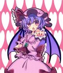  ascot bat_wings bow commentary_request dress frilled_dress frilled_ribbon frills green_brooch hair_between_eyes hand_on_hip hat hat_bow heart heart_background highres looking_at_viewer mob_cap pink_dress pink_hair pink_headwear pointing pointing_at_viewer red_ribbon remilia_scarlet ribbon short_hair short_sleeves touhou tsugomori_(remilia0398) wings wrist_cuffs 