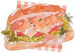  bread closed_eyes commentary_request drooling flag food half-closed_eye highres lettuce lying mouth_drool no_humans oharu-chan open_mouth painting_(medium) pawmi pokemon pokemon_(creature) sandwich tomato tomato_slice traditional_media watercolor_(medium) 