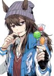  1girl bangs beanie black_gloves blue_jacket brown_eyes brown_hair candy collared_shirt fingerless_gloves food food_in_mouth gloves grey_headwear hands_up hat highres holding holding_candy holding_food holding_lollipop jacket jemma_(mashirahoshi) lollipop long_hair long_sleeves looking_at_viewer nakayama_festa_(umamusume) red_sweater shirt simple_background single_glove solo sweater sweater_vest umamusume upper_body white_background white_shirt 