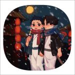  2boys ace_attorney alternate_costume black_hair blush brown_eyes brown_hair dango eating food holding holding_food holding_hands japanese_clothes kazuma_asogi kimono lantern male_focus moon mowang_crow multiple_boys night night_sky open_mouth outdoors red_scarf ryunosuke_naruhodo sanshoku_dango scarf short_hair sky snow snowing the_great_ace_attorney wagashi 