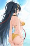  1girl ahoge ass azur_lane bare_arms bare_back bare_shoulders bikini black_hair blonde_hair blue_sky breasts closed_mouth cowboy_shot from_behind gold_bikini halterneck hands_on_own_ass harbin_(azur_lane) harbin_(union_between_sea_and_sky)_(azur_lane) highres large_breasts long_hair looking_at_viewer looking_back median_furrow multicolored_hair ocean official_alternate_costume outdoors qing_wu red_ribbon ribbon sideboob sky smile solo streaked_hair string_bikini swimsuit two-tone_hair very_long_hair water 