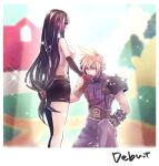  1boy 1girl armor bare_legs bare_shoulders black_gloves black_hair black_skirt blonde_hair blue_eyes blurry blurry_background blush breasts brown_gloves cloud_strife crop_top ear_blush earrings elbow_gloves english_text final_fantasy final_fantasy_vii fingerless_gloves gloves indoors jewelry kiss kissing_hand large_breasts long_hair looking_at_another low-tied_long_hair minato_(ct_777) miniskirt one_knee red_eyes red_gloves ribbed_sweater shoulder_armor sidelocks single_bare_shoulder skirt sleeveless sleeveless_turtleneck sparkle spiked_hair spotlight stage stage_lights suspender_skirt suspenders sweater tank_top tifa_lockhart turtleneck turtleneck_sweater white_tank_top 